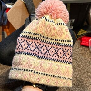 Vintage 70s Colins Inc Made in Canada Pink, Navy and Cream Pom Pom Knit Hat
